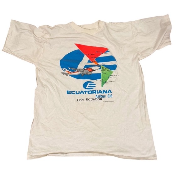 Vtg Ecuatoriana Airbus 310 Airline Graphic T-Shirt White Travel single stitch L